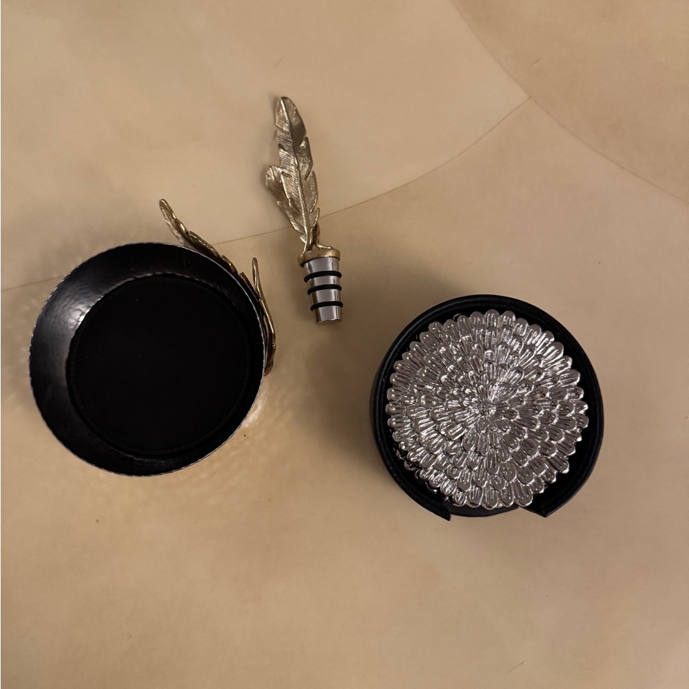 Michael Aram Silver Coaster Set, Feather Bottle Stopper and Bottle Holder